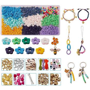 DIY Heishi Beads Jewelry Set Making Kit, Including Polymer Clay & CCB Plastic & Natural Shell & Weathered Agate Beads, Alloy Enamel Pendants, Nylon Thread, Iron Split Key Rings & Jump Ring, Brass Pin, Mixed Color, Polymer Clay Beads: 1485pcs/box