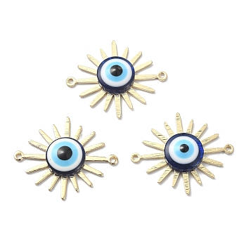 Brass Sun Connector Charms, Blue Evil Eye Resin Links, Long-Lasting Plated, Real 14K Gold Plated, 23x27x4.5mm, Hole: 1.2mm