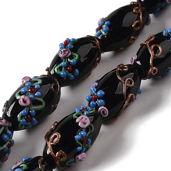 Handmade Lampwork Beads, Rice wit Flower, Black, 23x12~13mm, Hole: 1.6mm