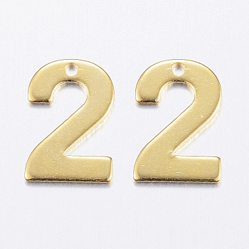 201 Stainless Steel Charms, Number, Num.2, Golden, 11x7.5x0.8mm, Hole: 1mm