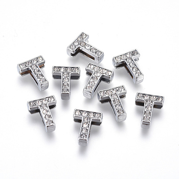 Alloy Initial Slide Charms with Grade A Rhinestones, Lead Free & Nickel Free, Platinum, Letter.T, 12~13x8~13x4~5mm, Hole: 8x2mm