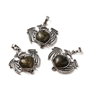 Natural Labradorite Heart Pendants, Dragon Charms, with Rack Plating Antique Silver Plated Brass Findings, Lead Free & Cadmium Free, 33x33.5~34x7~7.5mm, Hole: 8x5mm