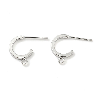 Brass Round Stud Earring Findings, Half Hoop Earring Findings with Horizontal Loops, Real Platinum Plated, 13x1.5mm, Hole: 1mm, Pin: 0.7mm