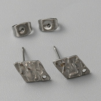 304 Stainless Steel Textured Geometry Stud Earring Findings with Hole, Stainless Steel Color, Rhombus, 12x8mm, Hole: 1mm, Pin: 0.6mm