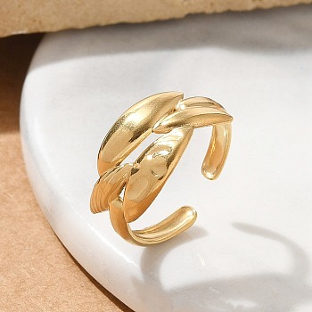 304 Stainless Steel Leaf Open Cuff Rings for Unisex, Real 18K Gold Plated, 10.5mm, Adjustable