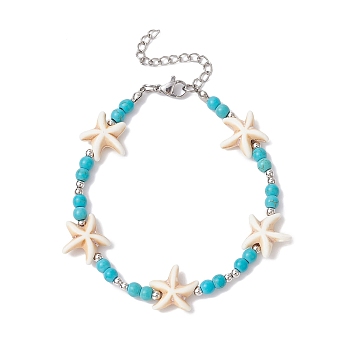 Synthetic Turquoise Starfish Beaded Bracelets for Women, Dark Turquoise, 7-3/8 inch(18.8cm)