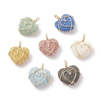 Unwaxed Natural Lava Rock Pendants, Essential Oil Diffuser Dangling Pendants, with Real 18K Gold Plated Eco-Friendly Copper Wire, Heart Charm, Dyed, Mixed Color, 28.5x24x11mm, Hole: 3mm