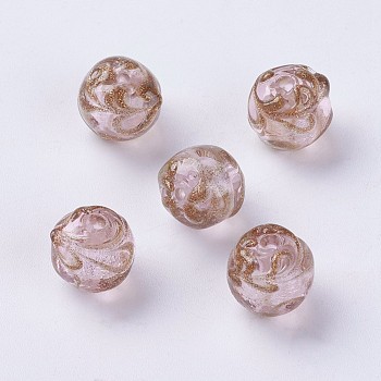 Handmade Silver Foil Lampwork Beads, with Gold Sand, Round, Pink, 12mm, Hole: 1mm