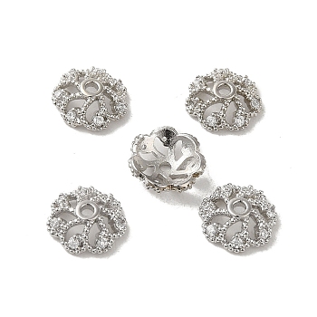 Rack Plating Brass Beads Caps, with Clear Cubic Zirconia, Long-Lasting Plated, Lead Free & Cadmium Free, Flower, Platinum, 8x8x3mm, Hole: 1.2mm