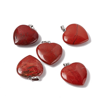 Natural Red Jasper Pendants, with Platinum Tone Brass Findings, Heart Charm, 27~28x25x7mm, Hole: 7x4mm
