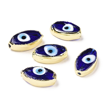 Handmade Lampwork Beads, with Golden Tone Brass Finding, Cadmium Free & Lead Free, Horse Eye with Evil Eye, Blue, 17.5~19x10~10.5x5.5~6.5mm, Hole: 2mm