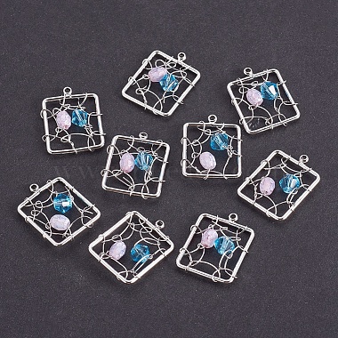 Real Platinum Plated Mixed Color Rectangle Brass+Rhinestone Pendants
