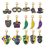 15Pcs Carnival Alloy Enamel Pendant Decorations, Mixed Shapes, with Alloy Lobster Claw Clasps, Mixed Color, 27~42mm(HJEW-CA00095)