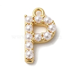 Plastic Imitation Pearl Pendants, with Brass Findings, Golden, Letter P, 7~14x13.5~15x3mm, Hole: 1.3~1.4mm(KK-P230-17G-P)
