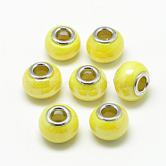Handmade Lampwork European Beads, with Brass Double Cores, Large Hole Beads, Rondelle, Platinum, Yellow, 13~14x10~11mm, Hole: 5mm(X-LAMP-T004-30I)