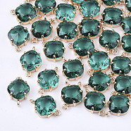 Transparent Glass Links connectors, with Brass Findings, Faceted, Rhombus, Light Gold, Sea Green, 16.5x11x6mm, Hole: 1.2mm, Side Length: 11mm(X-GLAA-T007-21B)