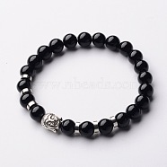 Buddha Head Gemstone Beaded Stretch Bracelets, with Tibetan Style Beads and Brass Beads, Black Stone, 55mm(BJEW-JB01864-06)