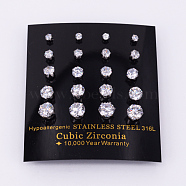 304 Stainless Steel Cubic Zirconia Stud Earrings, Stainless Steel Color, 3~7mm, Pin: 0.8mm, 10pairs/card(EJEW-O070-03P)