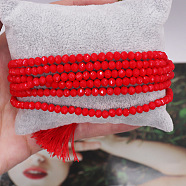 Glass Beads Wrap Bracelets for Women, Ronud, with Tassel, Faceted, Red(UZ4087-7)