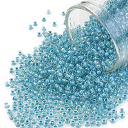 TOHO Round Seed Beads, Japanese Seed Beads, (183) Inside Color Luster Crystal/Opaque Aqua Lined, 11/0, 2.2mm, Hole: 0.8mm, about 5555pcs/50g(SEED-XTR11-0183)