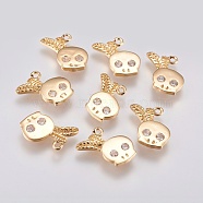 Brass Micro Pave Cubic Zirconia Charms, Skull, Real 18K Gold Plated, 13x12x1.5mm, Hole: 1mm(KK-A144-048G)