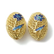 Rack Plating Brass Enamel Beads, Cadmium Free & Lead Free, Oval with Flower, Real 18K Gold Plated, Long-Lasting Plated, Royal Blue, 17.5x11.5x9mm, Hole: 1.4mm(KK-P276-26B-01G)