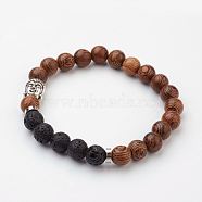 Wood Beaded Stretch Bracelets, with Natural Lava Rock Beads, Brass Spacer Beads and Alloy Buddha Head Bead, 2-1/8 inch(53mm)(X-BJEW-JB03049-01)