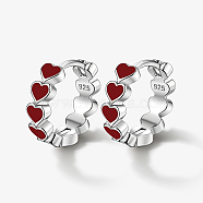 Rhodium Plated 925 Sterling Silver Huggie Hoop Earrings for Women, with S925 Stamp & Enamel, Ring with Heart, Platinum, Red, 15x14mm(DS9629-2)