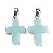 Synthetic Luminous Stone Dyed Pendants, Glow in the Dark Cross Charms with Platinum Plated Iron Snap on Bails, Aqua, 28x18x4.5mm, Hole: 7x4mm(G-H308-06P-09)