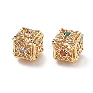 Brass Micro Pave Cubic Zirconia Beads, Hollow Cube, Real 18K Gold Plated, 10x10.5x10.5mm, Hole: 1.3mm(KK-G523-12G)