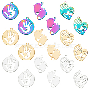 18Pcs 9 Style 304 Stainless Steel Pendants, Flat Round with Palm & Baby Footprints & Heart with Woman & Child, Mixed Color, 24.5~25x18.5~21.5x1.5mm, Hole: 2mm, 2pcs/style(STAS-DC0010-71)