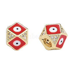 Brass Micro Pave Clear Cubic Zirconia Beads, with Enamel, Real 18K Gold Plated, Octagon with Evil Eye, Nickel Free, Dark Red, 11x11x8.5mm, Hole: 4mm(KK-N227-91D)