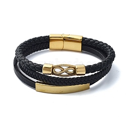 Men's Black PU Leather Cord Multi-Strand Bracelets, Infinity 201 Stainless Steel Link Bracelets with 304 Stainless Steel Magnetic Clasps, Golden, 8-1/2x7/8 inch(21.6x2.3cm)(BJEW-K243-47G)