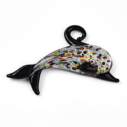 Handmade Silver Foil Lampwork Big Pendants, Dolphin Charms, Black, 45~49x65~68x9~11mm, Hole: 5~6x5~6mm(LAMP-T023-13A)