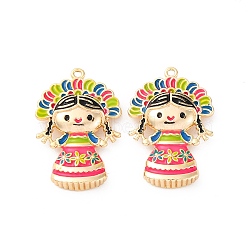 Brass Enamel Pendants, Real 18K Gold Plated, Mexico Doll Charm, Colorful, 23.5x16x4.5mm, Hole: 1mm(KK-D360-01G)