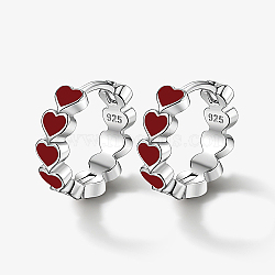 Anti-Tarnish Rhodium Plated 925 Sterling Silver Huggie Hoop Earrings for Women, with S925 Stamp & Enamel, Ring with Heart, Platinum, Red, 15x14mm(DS9629-2)