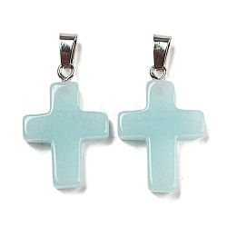 Synthetic Luminous Stone Dyed Pendants, Glow in the Dark Cross Charms with Platinum Plated Iron Snap on Bails, Aqua, 28x18x4.5mm, Hole: 7x4mm(G-H308-06P-09)