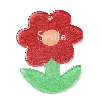 Acrylic Pendants, Flower, Red, 38x29.5x2.5mm, Hole: 1.5mm