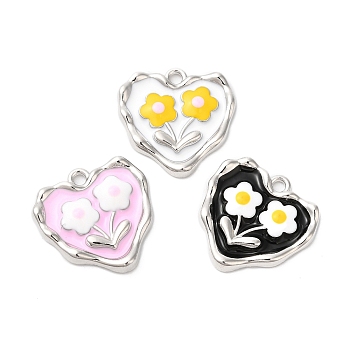 Alloy Eanmel Pendants, Heart with Flower Charm, Platinum, Mixed Color, 18x18x2.5mm, Hole: 1.6mm