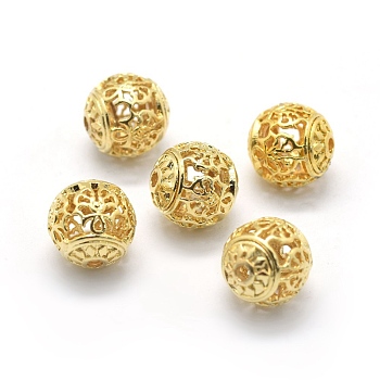 Hollow Brass Beads, Round, Real 18K Gold Plated, 11.5~12mm, Hole: 1.8mm