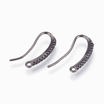 Brass Earring Hooks with Cubic Zirconia, Lead Free & Cadmium Free & Nickel Free, Long-Lasting Plated, Black, Gunmetal, 20x10x1.5mm, Hole: 1.4mm, 20 Gauge, Pin: 0.8mm