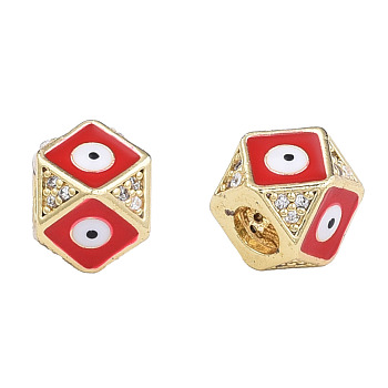 Brass Micro Pave Clear Cubic Zirconia Beads, with Enamel, Real 18K Gold Plated, Octagon with Evil Eye, Nickel Free, Dark Red, 11x11x8.5mm, Hole: 4mm