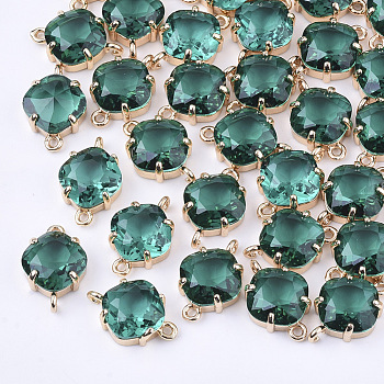 Transparent Glass Links connectors, with Brass Findings, Faceted, Rhombus, Light Gold, Sea Green, 16.5x11x6mm, Hole: 1.2mm, Side Length: 11mm