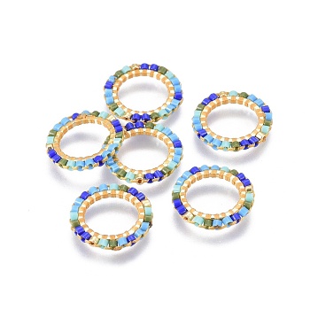 MIYUKI & TOHO Handmade Japanese Seed Beads, with Brass Link Rings, Loom Pattern, Ring, Golden, Colorful, 15~16x1.8mm