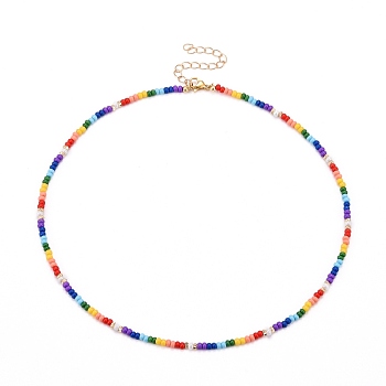 Glass Seed Beads Beaded Necklaces, with Brass Curb Chains, Colorful, 16.5 inch(42cm)