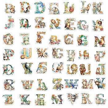 50Pcs Animal Letter A~Z PVC Waterproof Sticker Labels, Self-adhesion, for Suitcase, Skateboard, Refrigerator, Helmet, Mobile Phone Shell, Mixed Color, 30~60mm