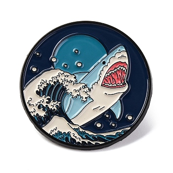 Sea Wave Scenery Theme Enamel Pins, Black Alloy Badge for Backpack Clothes, Shark, 30.5mm