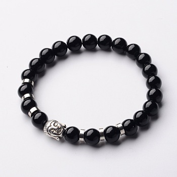 Buddha Head Gemstone Beaded Stretch Bracelets, with Tibetan Style Beads and Brass Beads, Black Stone, 55mm