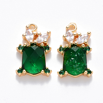 Brass Cubic Zirconia & Glass Charms, Nickel Free, Tortoise, Real 18K Gold Plated, Green, 14.5x9x4mm, Hole: 1mm