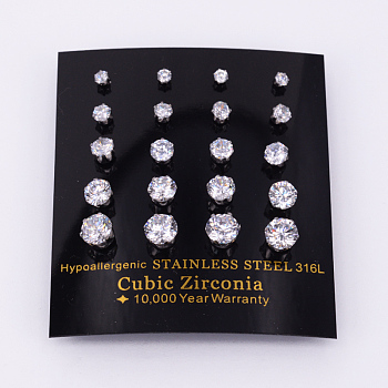304 Stainless Steel Cubic Zirconia Stud Earrings, Stainless Steel Color, 3~7mm, Pin: 0.8mm, 10pairs/card